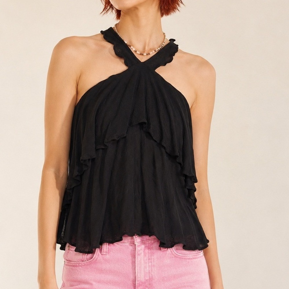 Entro Halter Top Womens Ruffle Crossover Neck Blouse Black Small